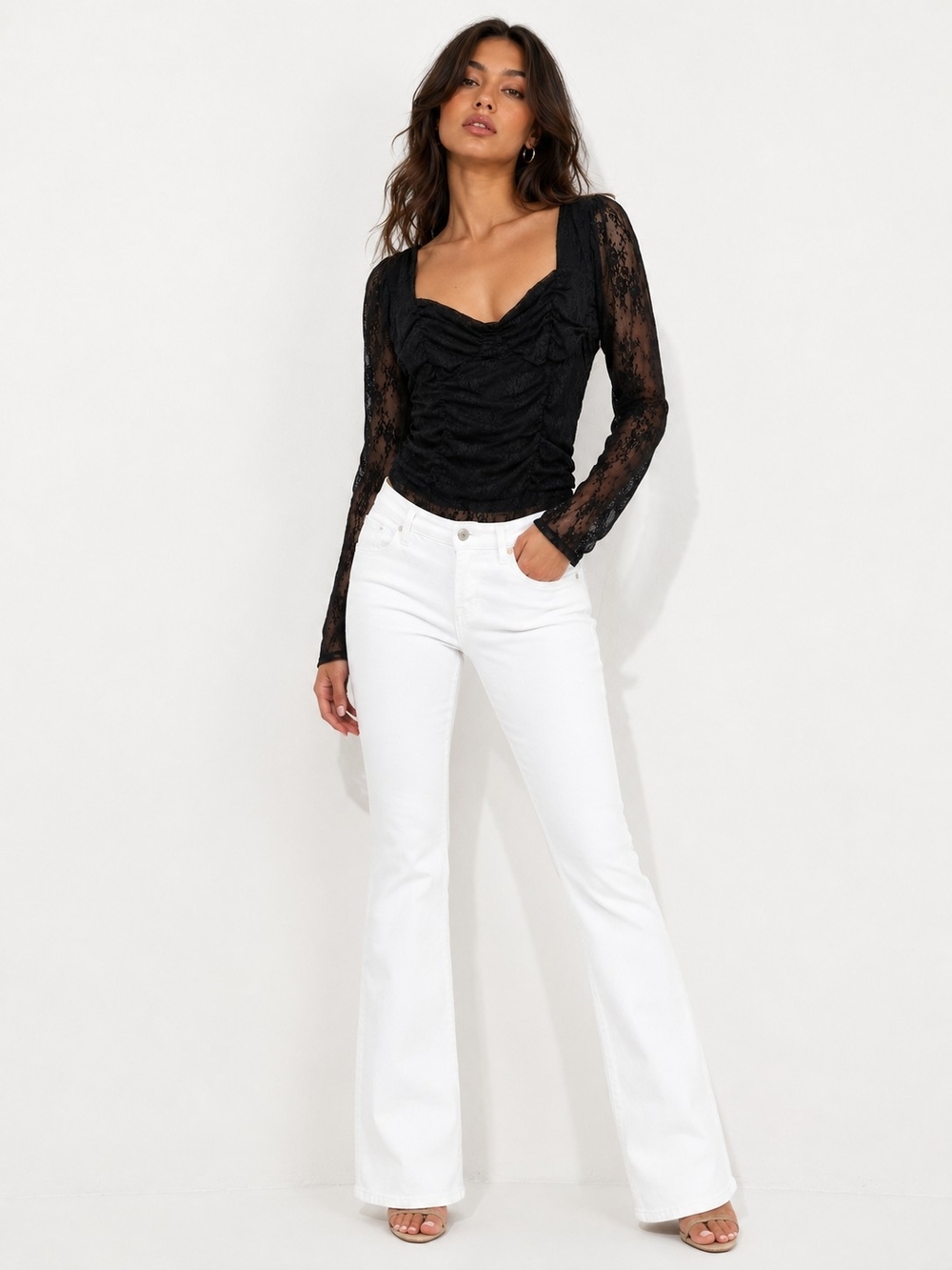 Lulu's Black Lace Ruched Square Neck Bodysuit